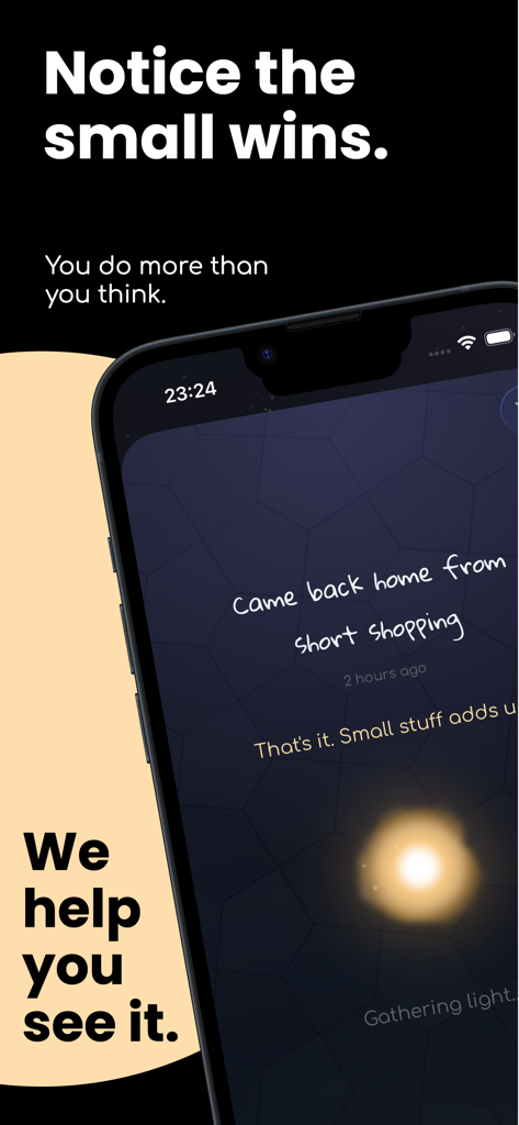 Doing Great Diary app screenshot showing the message Notice the small wins with a logged task for daily shopping.