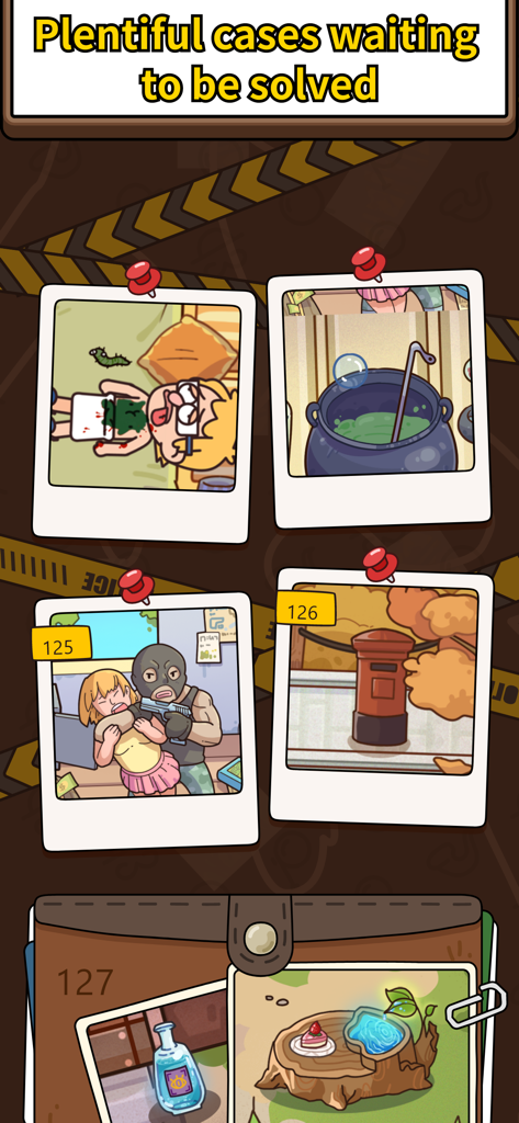 Una selección de varias fotos de escenas del crimen y casos misteriosos fijados en un tablero en la aplicación Case Hunter.