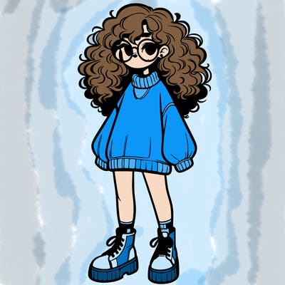 a realistic girl with curly hair in a oversized sweater with glasses and platform sneakers