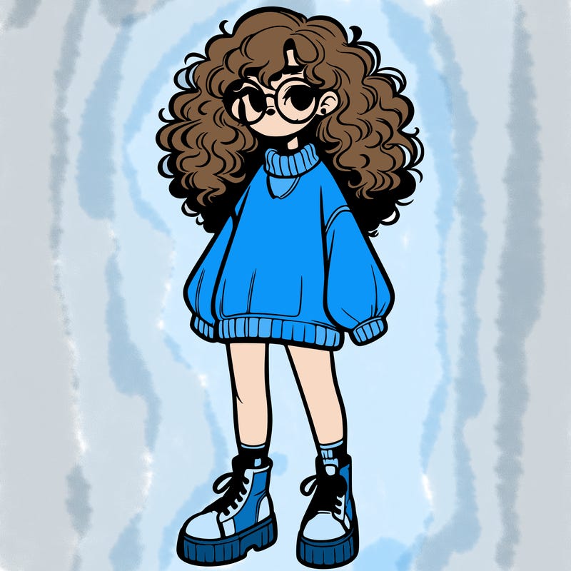 a realistic girl with curly hair in a oversized sweater with glasses and platform sneakers