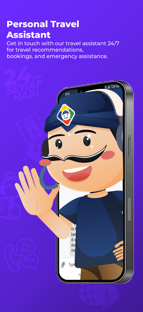 Mister Aladin Hotel & Activity - Una simpatica mascotte stilizzata con un auricolare che saluta da uno schermo di smartphone promuovendo il servizio di assistente di viaggio personale Mister Aladin