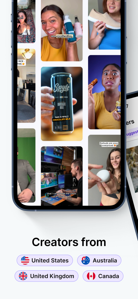 Billo Creator - Sell Content - 米国、オーストラリア、英国、カナダのUGCビデオクリエイターのグリッドを示すスマートフォンの画面