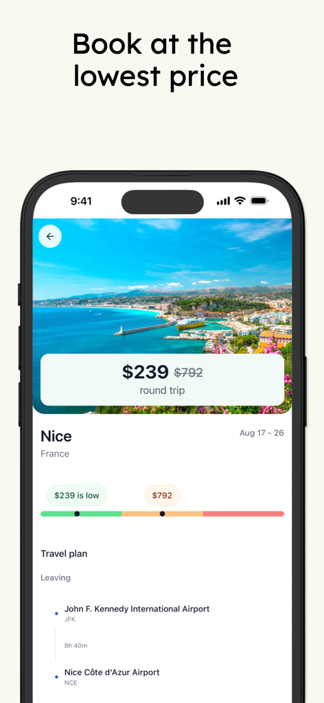Airclub - Flight Deals - Schermata dell'app mobile che mostra un'offerta di volo per Nizza, Francia, a 239 dollari andata e ritorno con un indicatore di confronto prezzi