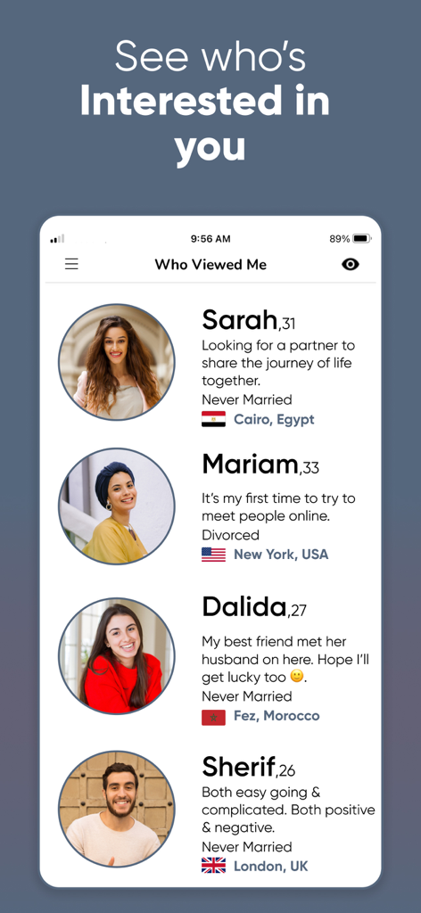 Screenshot of the buzzArab dating app showing a list of user profiles from different countries who viewed the user