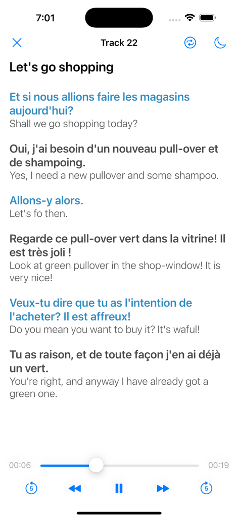 Leçon de conversation bilingue français-anglais sur le shopping avec interface de lecteur audio.
