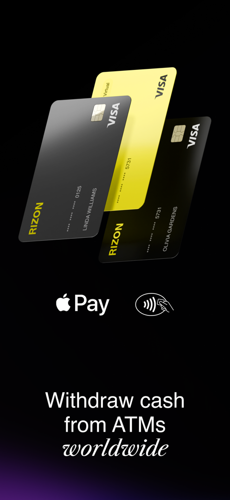 Tarjetas Visa virtuales y físicas de RIZON con el logotipo de Apple Pay y texto sobre retiro en cajeros automáticos globales.