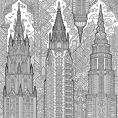 Unleash your creativity with this stunning coloring page featuring majestic spire skyscrapers, perfect for adult colorists. Dive into intricate architectural details and mesmerizing patterns that promise hours of relaxation and artistic challenge.