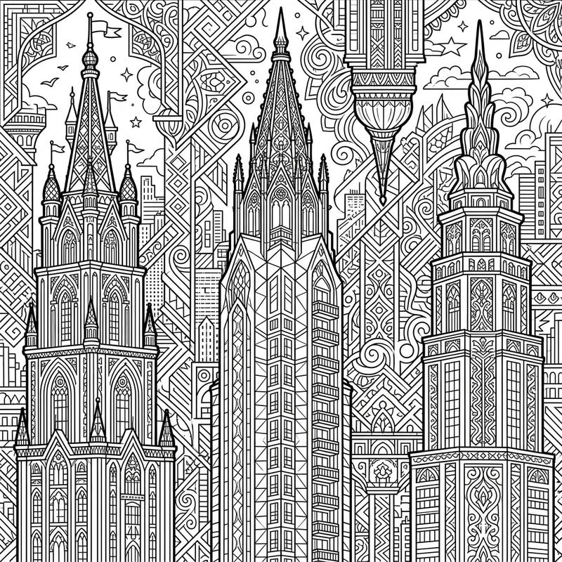 Unleash your creativity with this stunning coloring page featuring majestic spire skyscrapers, perfect for adult colorists. Dive into intricate architectural details and mesmerizing patterns that promise hours of relaxation and artistic challenge.
