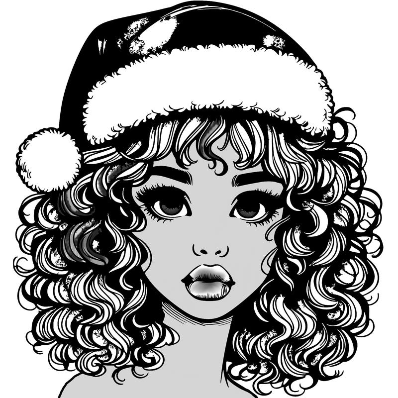 realistic girl with a santa hat curly hair and lips