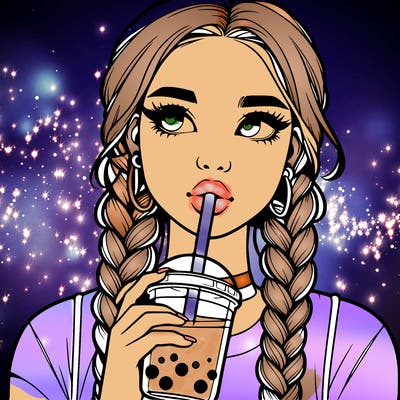 realistic girl with braided hair drinking boba