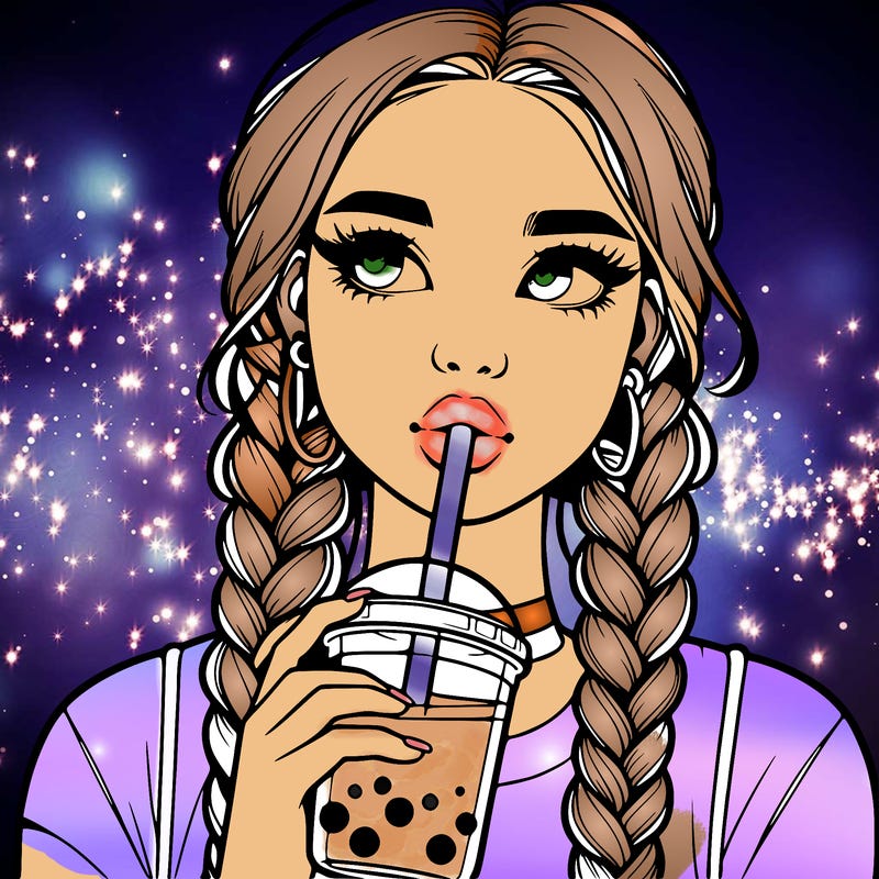 realistic girl with braided hair drinking boba