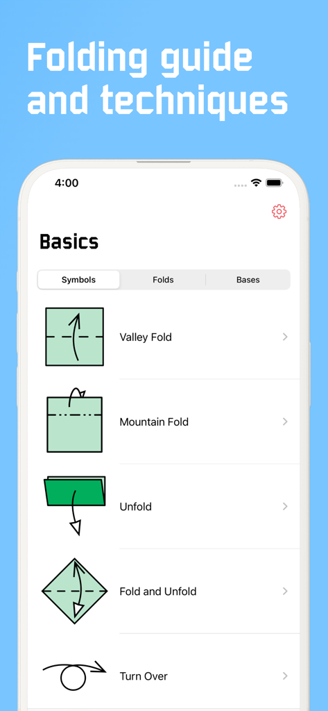 Mobile app interface showing basic origami folding symbols including valley and mountain folds