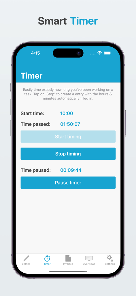 Freelance bookkeeping - Interfaz de temporizador inteligente para registrar horas facturables en la aplicación Contabilidad freelance.