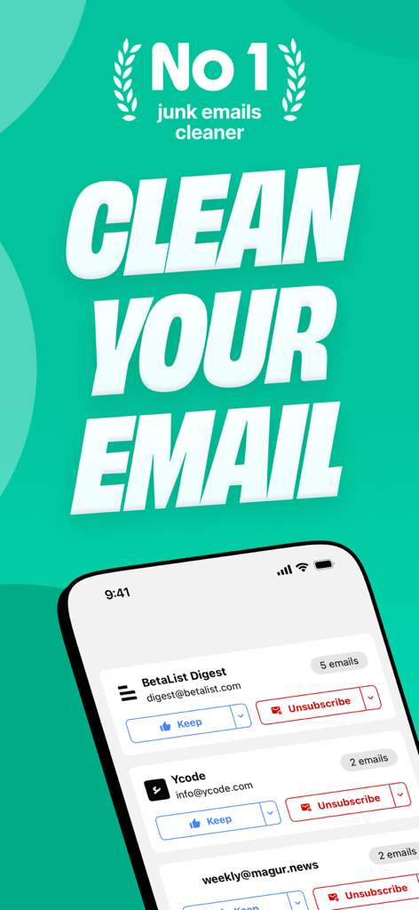 Trimbox: Email Cleaner - Trimbox app interface showing one-click unsubscribe buttons for managing email subscriptions.