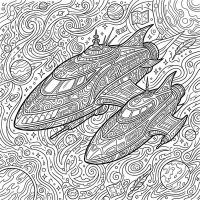 Dive into a universe of intricate patterns and cosmic exploration with this stunning adult coloring page featuring diplomatic courier spaceships. Perfect for advanced colorists seeking a mindful and engaging artistic challenge.
