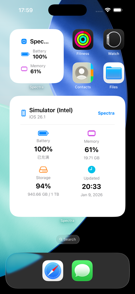 Widgets da tela de Início do aplicativo Spectra mostrando o status da bateria, memória e armazenamento