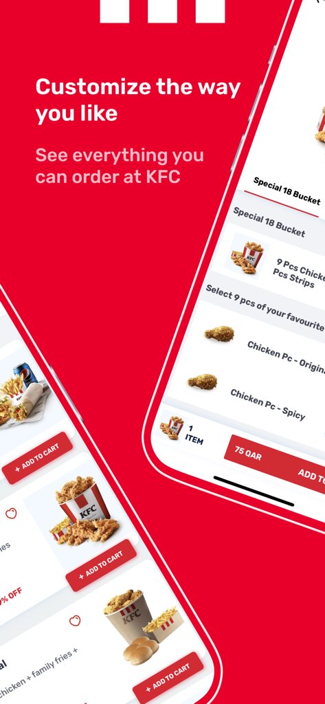 KFC Qatar - KFC Qatar mobile app menu with chicken bucket customization options