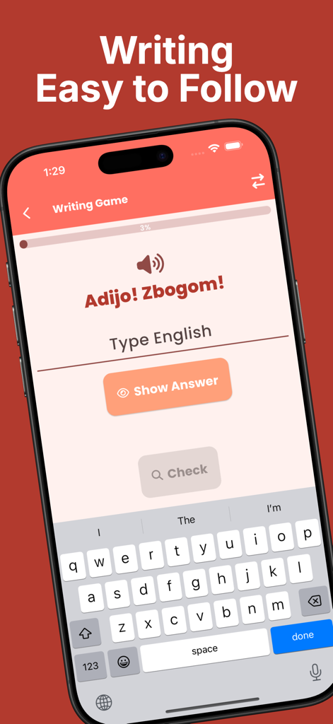 Interfaz del juego de escritura de la aplicación de idiomas esloveno que muestra un ejercicio de traducción