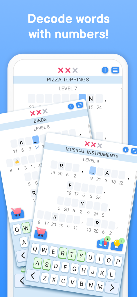 Interfaccia del gioco di parole Cipher Master che mostra come decifrare parole usando numeri in un puzzle crittografico.