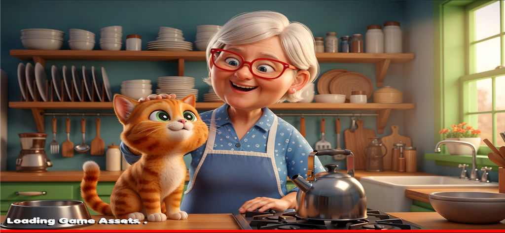 Granny With Cat - A cheerful elderly woman in an apron petting a ginger tabby cat in a cozy kitchen.