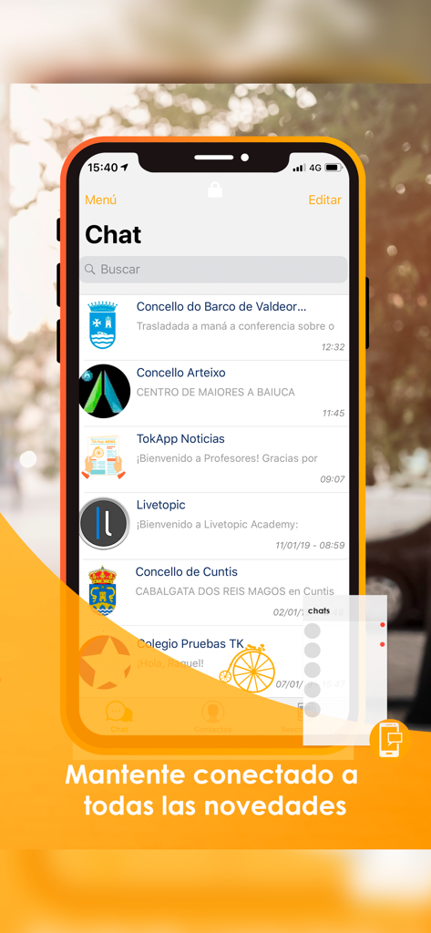 TokApp - TokApp mobile app chat screen displaying a list of conversations with local organizations and news updates
