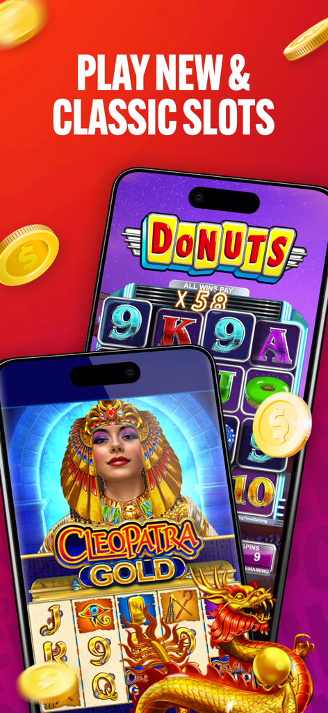 Bally Bet Sportsbook & Casino - Aplicación Bally Bet que muestra los juegos de tragaperras Cleopatra Gold y Donuts