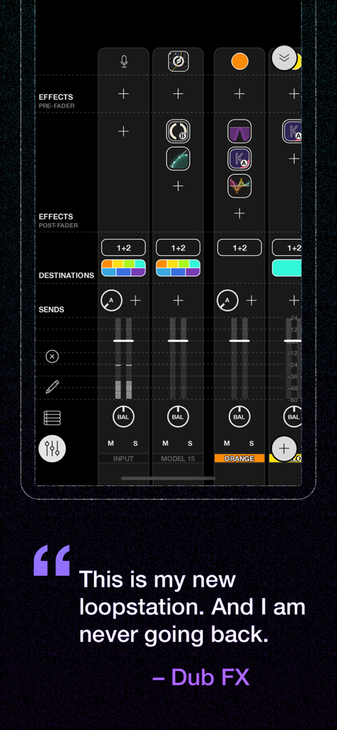 Loopy Pro: Looper DAW Sampler - Screenshot dell'interfaccia mixer di Loopy Pro con una citazione di testimonianza del musicista Dub FX