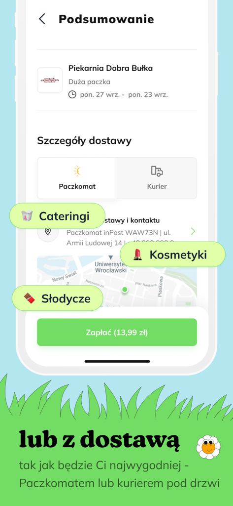 Foodsi: Don’t waste it - Foodsi app order summary screen showing delivery options for parcel locker and courier