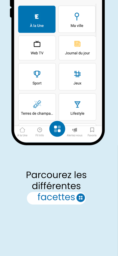 A screenshot of the L'Est éclair mobile app menu showing different news categories like Local News, Sports, and Lifestyle.