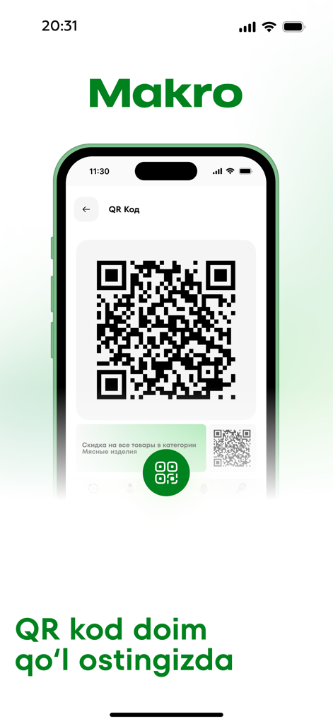 Un smartphone mostrando un código QR personalizado dentro de la app Makro para ganar y gastar bonificaciones de lealtad de comestibles.