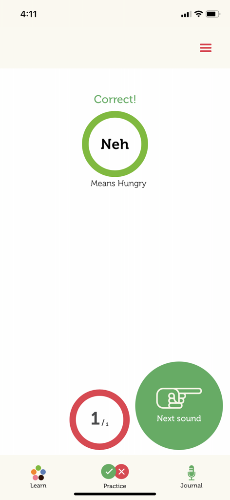 Dunstan Baby - A practice screen in the Dunstan Baby app showing the baby sound Neh means hungry