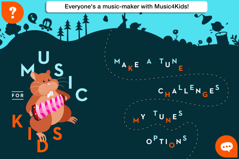 Main menu of the Music4Kids Lite app showing a hamster playing an accordion and educational game options