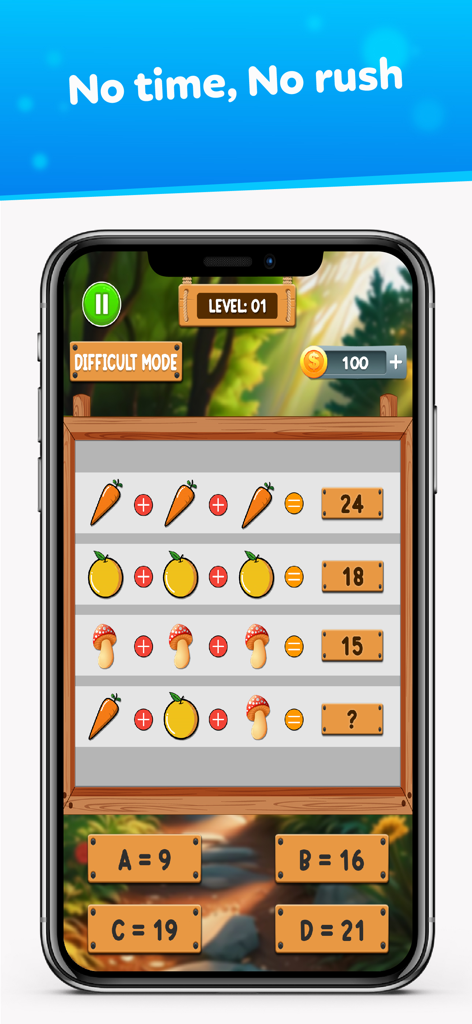 Brain Test: Food Math IQ Boost - A food-themed math algebra puzzle in a brain training app showing equations with carrots and oranges.