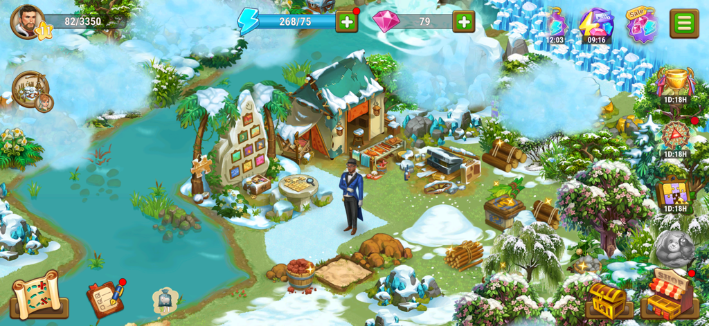 Ocean Whispers: Casual Game - Un personaje mayordomo parado en un campamento nevado cerca de un río en Susurros del Océano Juego Casual