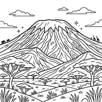 Embark on an artistic journey to Africa with this stunning Mount Kilimanjaro coloring page. Explore its majestic peak, savanna, and iconic wildlife as you bring this scene to life.