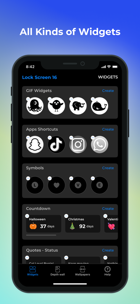 A smartphone interface showing various customization options for lock screen widgets including GIFs, app shortcuts, and countdowns.