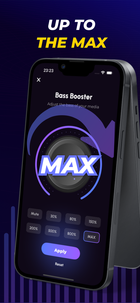 Super Volume: Increase Volume - Super Volume app showing bass booster dial set to max level