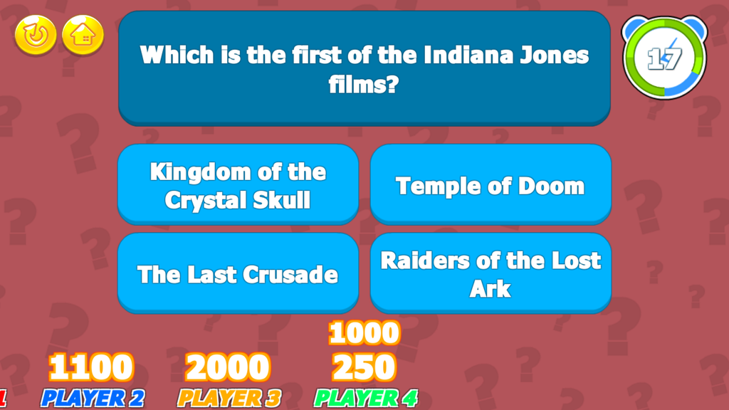 A screenshot of The Movie Trivia Challenge game showing a movie question about Indiana Jones with multiple choice answers and player scores.