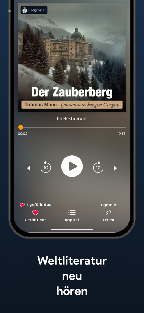 Interface do reprodutor do aplicativo Fliegenglas exibindo o audiolivro Der Zauberberg de Thomas Mann