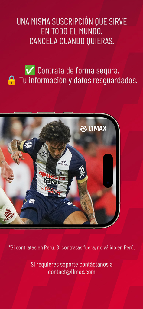 Tela do aplicativo móvel L1 MAX mostrando um jogador de futebol e detalhes de assinatura mundial