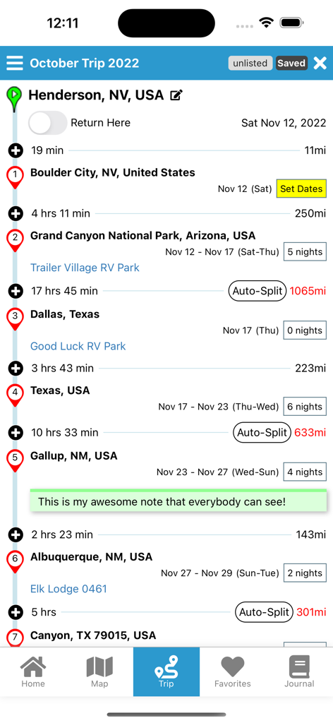 RV Parky app trip planner screen showing a detailed road trip itinerary with stops at campgrounds and national parks including travel times and distances