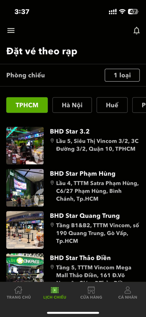 List of BHD Star Cineplex cinema locations in Ho Chi Minh City displayed on the mobile app