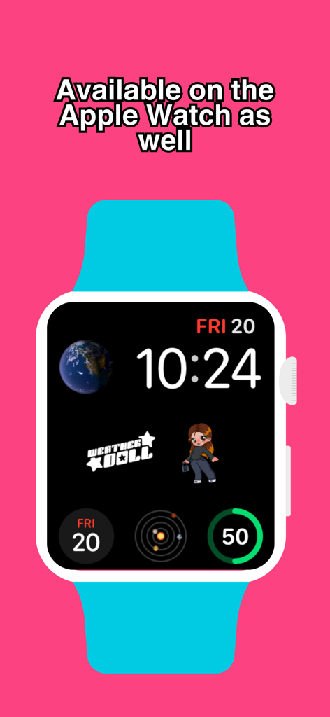 Weather Doll - Interfaz de la aplicación Weather Doll mostrando un personaje vestido e información meteorológica en la esfera de un Apple Watch