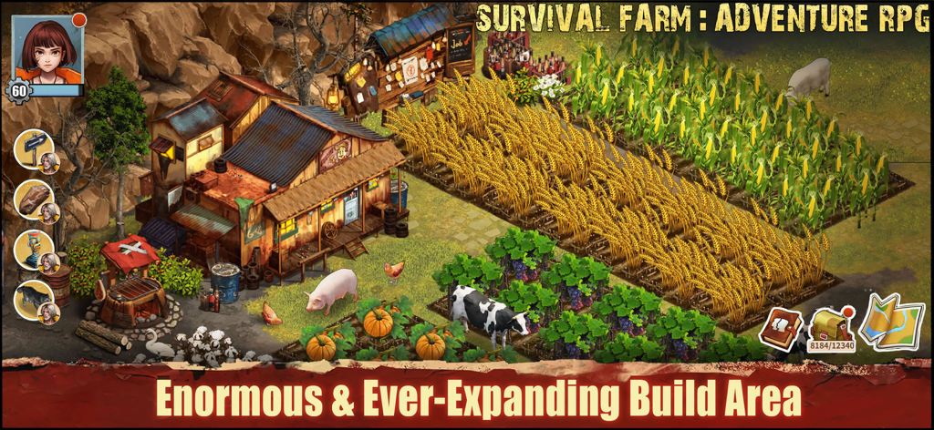 Vista isométrica de una granja grande con cultivos y ganado en Survival Farm Adventure RPG.
