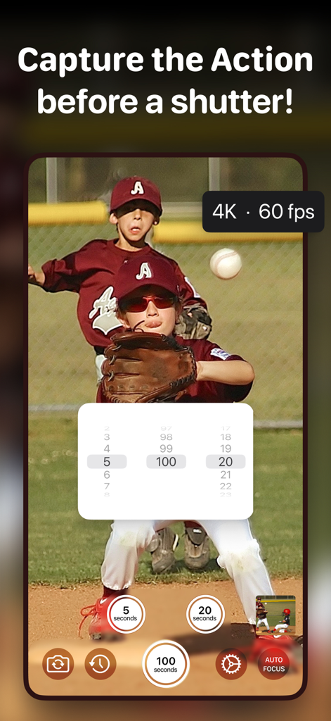 Video Buffer Action Camera - User interface of Video Buffer Action Camera app capturing a youth baseball game with adjustable buffer time settings and 4K resolution