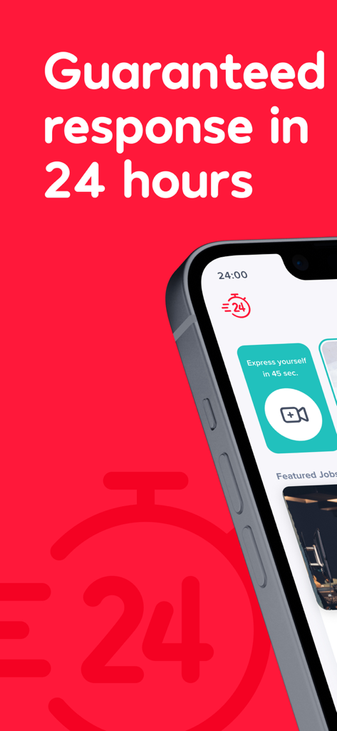 Bonded - 24 Saatte İş - Bonded job search app interface with guaranteed response in 24 hours text on a red background