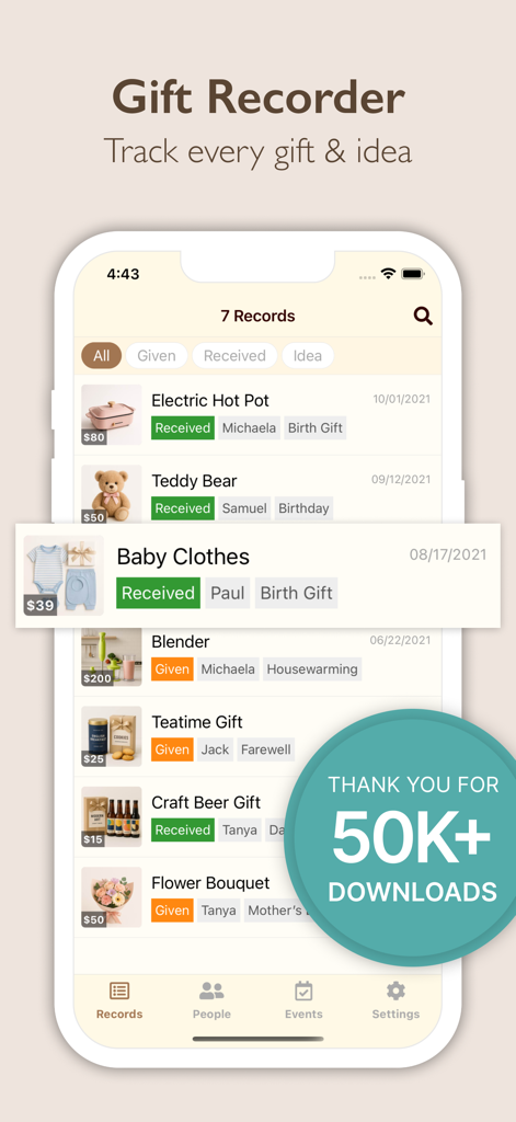 Gift Recorder app main screen displaying a list of tracked gifts with price and status