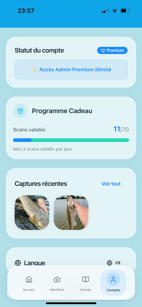 FishScan - FishScan mobile app account screen showing premium status and recent fish catches