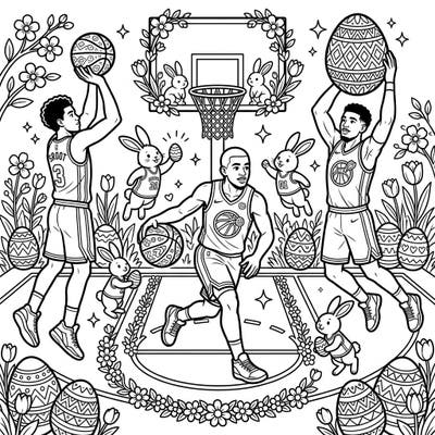 Experience a one-of-a-kind Easter celebration on the court with our vibrant coloring page. Watch as basketball players shoot and dribble alongside playful bunnies, surrounded by festive Easter eggs and spring blossoms.