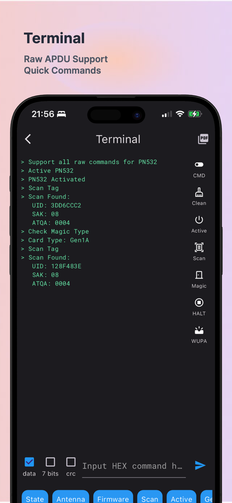 Terminal interface of MTools BLE RFID Reader showing raw APDU command logs and tag scan results
